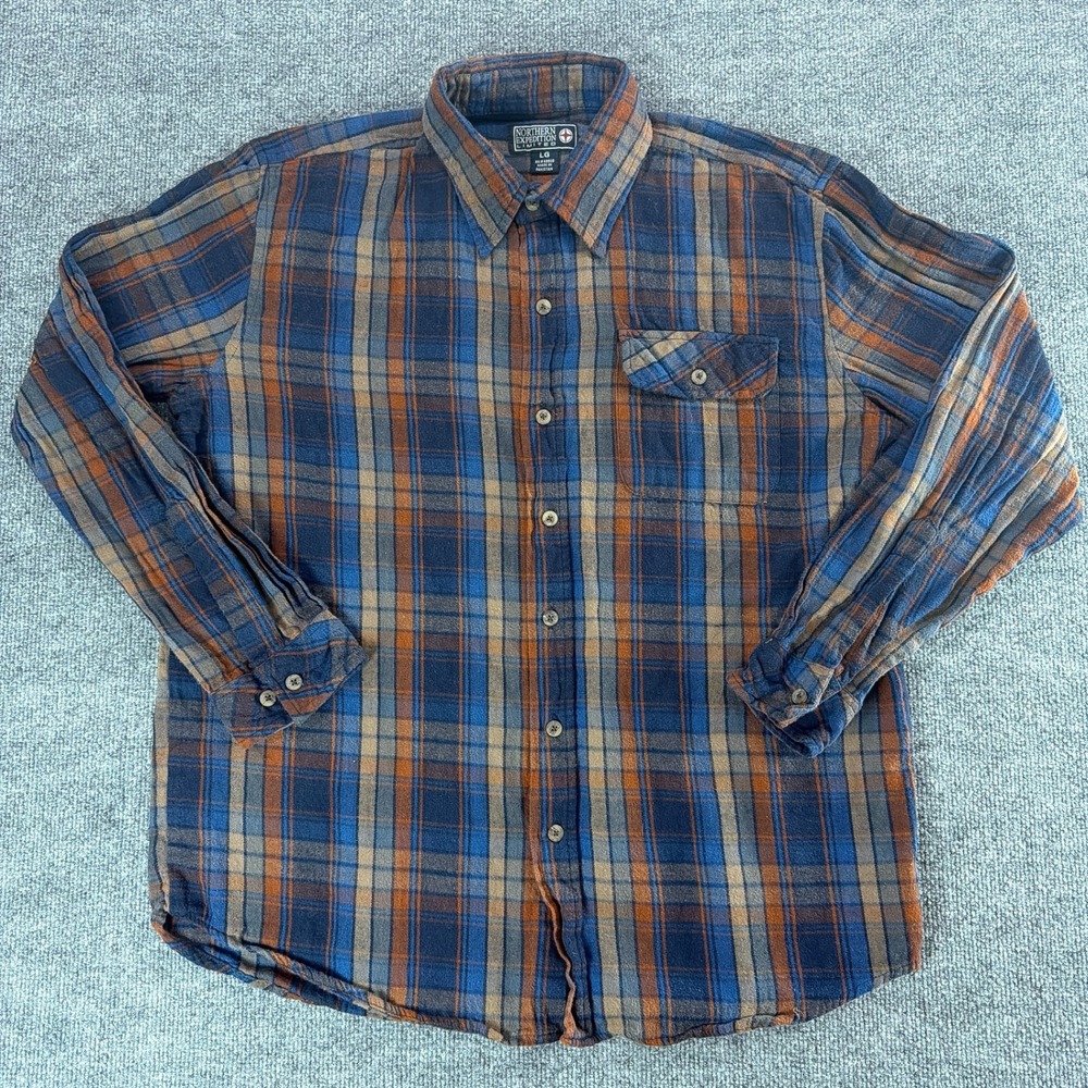 Northern Expedition Limited Large Flannel Shirt Blue Orange Plaid Cotton Fall